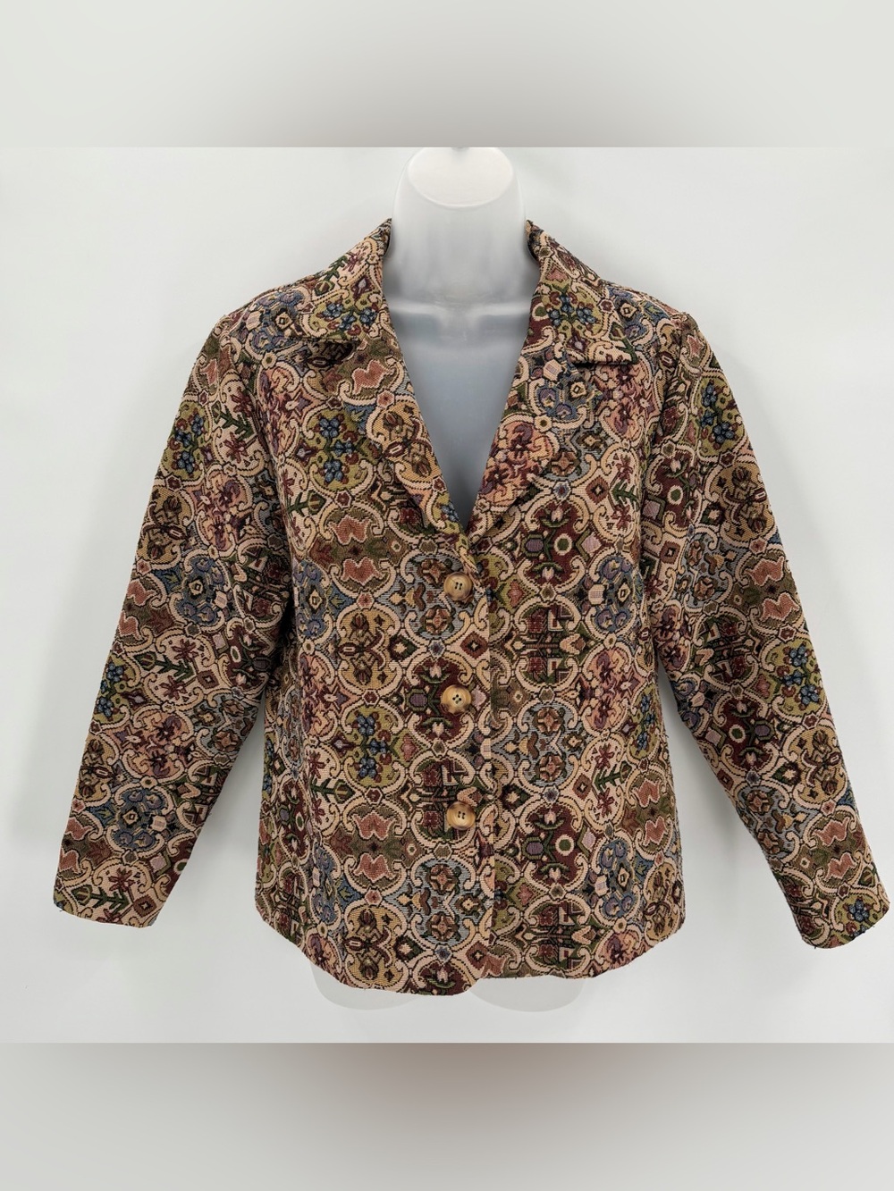 VTG Gemilli Blazer Jacket Womens Petite Large Tan Tapestry Made in USA Classic